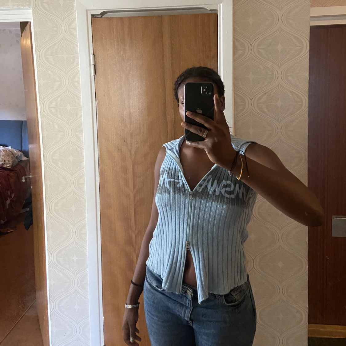 Blå kofta med tryck - 90