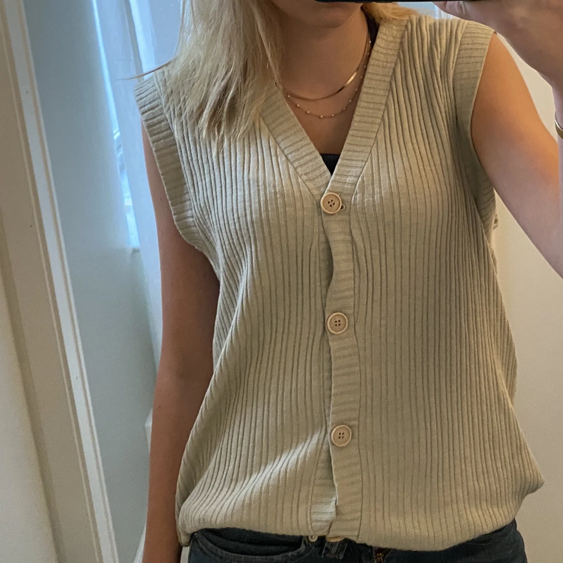 Väst tröja kofta knappar grön beige - 90