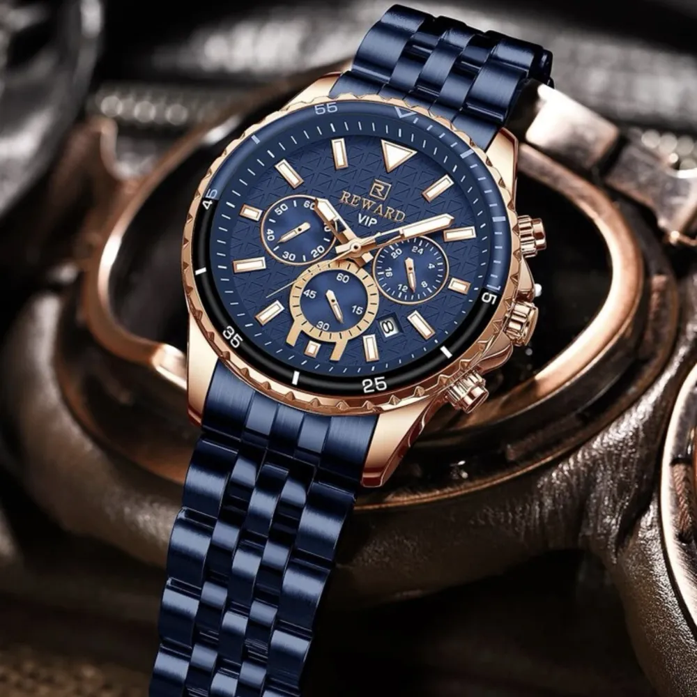 Strap Material: Stainless Steel Water Resistance: 30m Watch Weight:150g Movement: Quartz Crystal Material: Mineral glass Watch Shape: round  Features: Chronograph Case Material: Zinc Alloy Strap Color: Blue Type: Chronograph Watches Style: Casual  . Accessoarer.