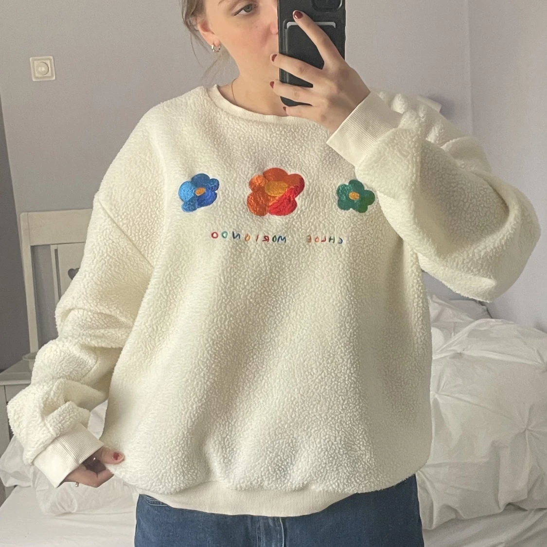 Vit tröja i teddymatreal - 90