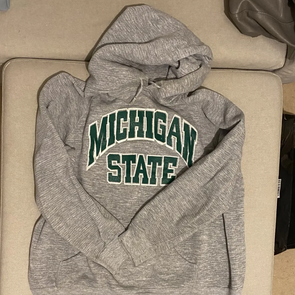 Vintage college hoodie från Michigan State, luvan är lite sne men inget som syns om man inte har den uppe. Ett litet hål under ena armen men går att fixa . Hoodies.