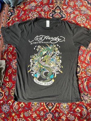 Ed hardy - Skitcool Vintage ed Hardy t shirt. Köpte denna från en vintage butik för flera år sedan, och har använts mycket. Den är urtvättad och printet crackat. Har små hål längs ner på framsidan. Storlek M