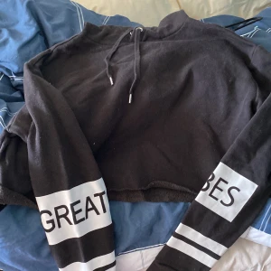 hoodie - en kort avklippt hoodie med tryck på ärmarna, fint skick