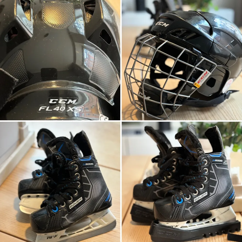 Riktigt bra & sjysta prylar perfekta för skridskoskola / hockeyskola / lek på is.  CCM FL40 hockey hjälm med galler stl XS - nypris 599:- Bauer Nexus stl y9 / eur 27 -nypris 999:- Klubban på köpet.  Köp/överlämning i Vasastan el city. . Övrigt.