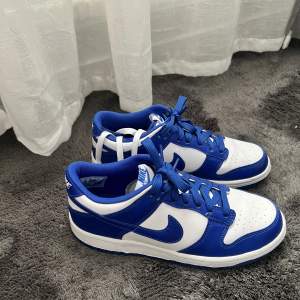 Nike dunk low storlek 39. Färg: racer blue  Använd en gång, se bild på sula men i väldigt bra skick. Ingår två skosnören.m, blåa och vita. 