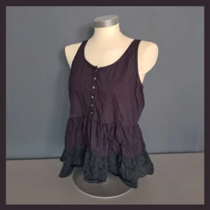 Svart utsvängd topp - Sparsamt använd svart topp från märket Rut m.fl. Toppen har peplum, så den sitter åt i övre delen och sen är det volanger som är utsvängda nedtill. Den svarta färgen är en aning lila i tonen, men toppen är i fint skick! Storlek 36 🖤