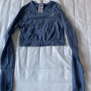 Gymshark kroppad tröja - Gymshark kroppad tröja i blå, storelk S men sitter mer om XS. Använt tröjan men nu är den för liten