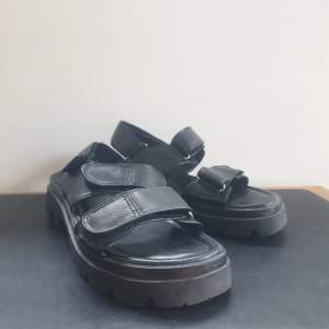Ett par oanvända svarta sandaler från Din sko i pleather, nypris 600 kr