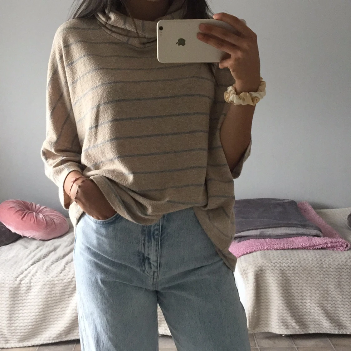 Pösig Grå randig polo tröja  - 90