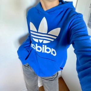 Blå hoodie - Säljer en blå hoodie från adidas i en sån fin färg!! Den är från barnavdelningen men i största storleken där så passar bra på nån som är xs möjligtvis s beroende på önskad passform. På ena inre armen finns det vad jag tror är fläckar från limm  💙💙