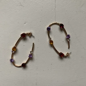 Guldiga örhängen med mångfärgade stenar - Säljer ett par sjukt festliga guldfärgade ringar, passar perfekt till balen, festen eller middagen!🧨☄️ 