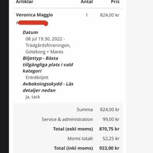 Veronica + Mares konsert - Avbokningsskydd + entré för ståplats den 8/7 i Trädgårn, Göteborg. Säljer pga att jag har två biljetter och behöver bara en💖 bara seriösa köpa får höra av sig 💋 mailar biljetten vid köp PRISET KAN DISKUTERAS!