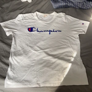 Champion t-shirt Vit - En vit t-shirt från Champion. Inte använd speciellt mycket utan har snarare legat i garderoben ett tag. Storlek står som L men passar bättre på M. Pris kan diskuteras