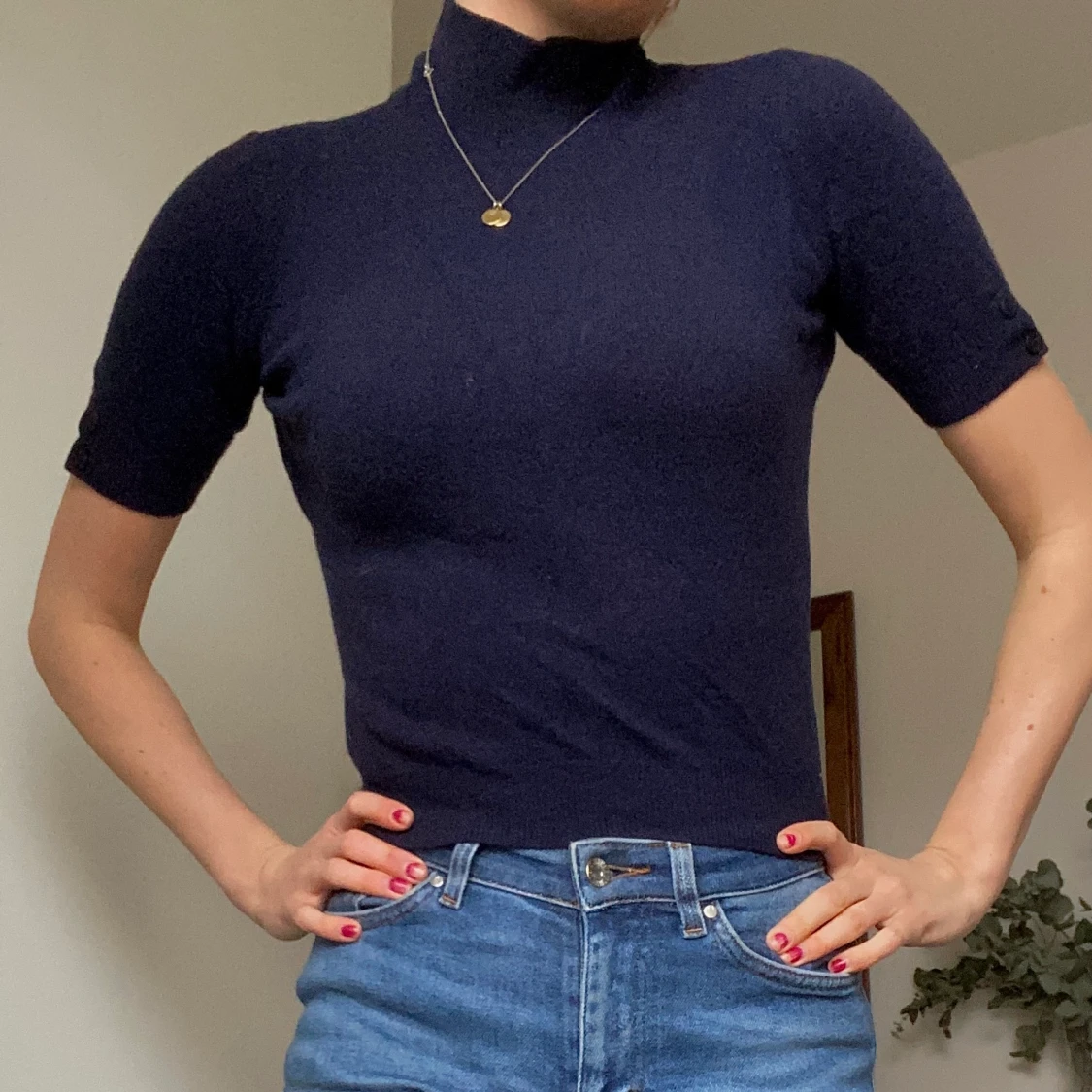 Stickad marinblå polo - 90
