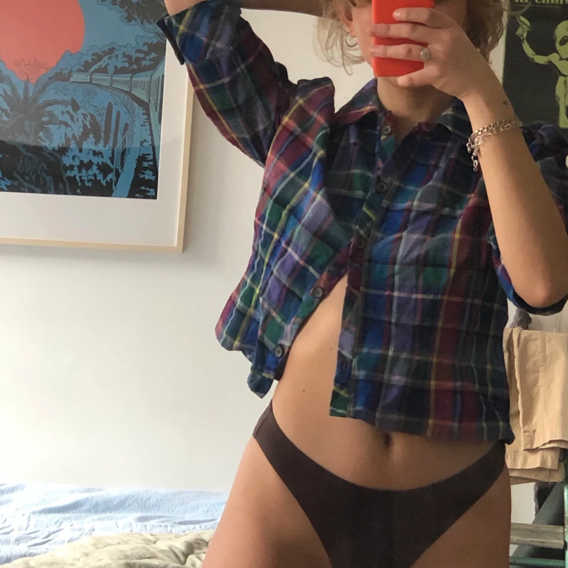 Söt rutig blus puffiga ärmar