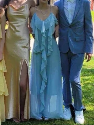 Ljusblå långklänning med volanger - Säljer en ljusblå långklänning med tunna axelband och volangdetaljer framtill. Klänningen har en luftig passform och är tillverkad i ett lätt, strukturerat tyg som ger en romantisk känsla. Perfekt för sommarens speciella tillfällen. Litet hål på baksidan långt ner, absolut inget man tänker på alls och går att laga 💕nypris var 800 