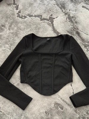 Svart långärmad korsettopp Shein - Trendig svart långärmad korsettopp från Shein med markerade sömmar och fyrkantig urringning. Modellen är croppad och har en figurnära passform som ger en snygg siluett. Perfekt att styla med höga jeans eller kjol.