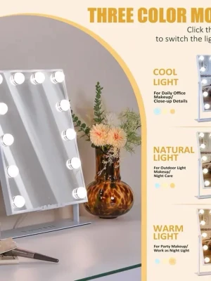 Sminkspegel med LED-belysning - Stilren sminkspegel i vitt med rektangulär form och inbyggda LED-lampor runt spegeln. Spegeln har tre olika ljuslägen: kallt, naturligt och varmt ljus, som enkelt kan justeras. Perfekt för sminkning och styling. Modern design i plast och glas. Spegelns ord pris är 599