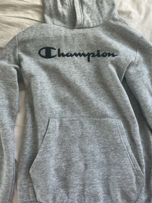 Grå hoodie från Champion - Snygg grå hoodie från Champion med stor logga över bröstet. Klassisk modell med huva och magficka, perfekt för en avslappnad streetstyle-look. Mjuk bomullsblandning som är skön att ha på sig.