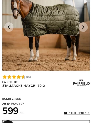 Grönt stalltäcke Fairfield Mayor 150g - Mörkgrönt stalltäcke från Fairfield, modell Mayor 150g. Täcket är vadderat och har dubbla spännen framtill samt justerbara maggjordar. Tillverkat i slitstarkt syntetmaterial och passar perfekt för häst i stallet. Använt fåtal gånger, fint skick men skulle behöva en tvätt. Storlek 145.