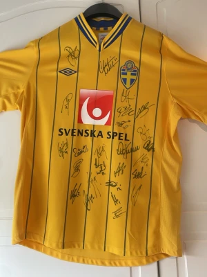 Signerad landslagströja inklusive Zlatan Ibrahimovic - Signerad landslagströja från säsongen 2011/2012 med autografer från bland annat Zlatan Ibrahimovic, Kim Källström, Olof Mellberg, Andreas Granqvist m.fl.  Helt orörd och oanvänd, endast varit upphängd som tavla.