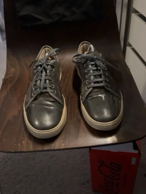 Grå Lanvin  - Säljer ett par gråa sneakers från Lanvin i äkta läder med vita sulor och grå skosnören. Klassisk låg modell med rund tå och diskreta sömmar. Perfekta för dig som gillar stilrena och tidlösa skor.