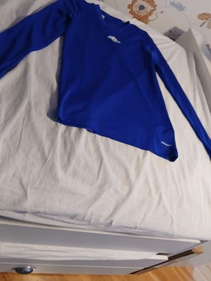 Blå långärmad träningströja Adidas - Snygg blå långärmad träningströja från Adidas med vitt logotryck på bröstet. Tillverkad i ett lätt och funktionellt material som andas, perfekt för träning eller sportaktiviteter. Tröjan har en klassisk passform och rund hals.