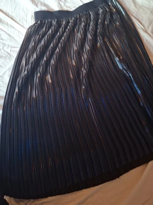 Svart plisserad kjol från Lindex - Snygg svart plisserad kjol från Lindex med glansig finish och resår i midjan. Kjolen har ett stilrent uttryck och passar perfekt till olika outfits. Tillverkad i ett lätt och glansigt syntetmaterial Kan postas/ skickas 24/3.