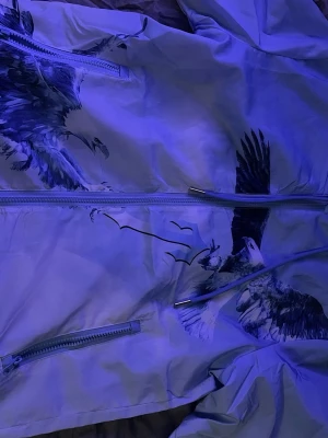Ljusblå jacka med örntryck från trapstar - Cool ljusblå jacka med stora tryck av örnar i flykt på framsidan. Jackan har dragkedjor och sidofickor med dragkedja. Materialet ser ut att vara syntetiskt och jackan har en modern, avslappnad passform.