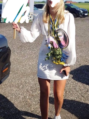 Vit kort klänning med puffärmar - Snygg vit kort klänning med v-ringning och långa puffärmar. Klänningen har knappar framtill och är tillverkad i ett lätt, strukturerat tyg som ger en elegant känsla. Perfekt för student eller sommarens tillställningar strl 36. Från NA-KD