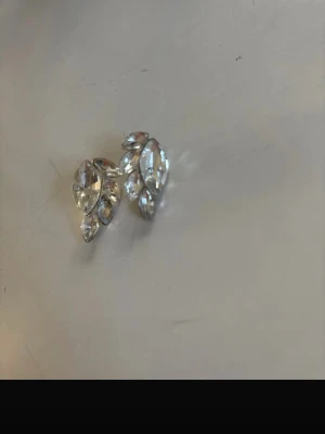 Glittriga örhängen med stenar - Säljer ett par snygga örhängen i silverfärg med flera glittrande stenar i olika former. Designen påminner om blad eller små kristaller som sitter tätt ihop. Perfekta för att ge lite extra bling till din look!