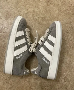 Gråa Campus sneakers med vita ränder - Snygga gråa sneakers från Campus med klassiska vita ränder på sidorna och vit sula. Skorna har en låg profil och är tillverkade i mockaliknande material med vita skosnören. Perfekt för dig som gillar en clean och sportig look.