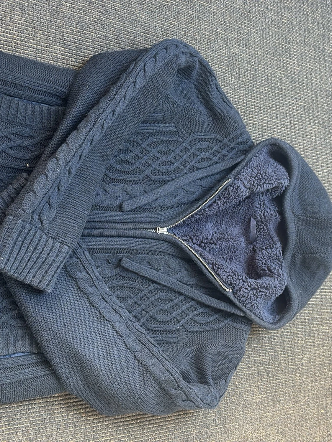 Mörkblå stickad hoodie med dragkedja - 3