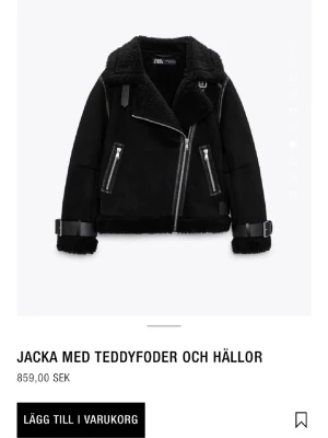 Svart teddyjacka från Zara - Stilren svart teddyjacka från Zara med mjukt teddyfoder, bred krage och detaljer i form av spännen och dragkedjor. Jackan har två snedställda fickor med dragkedja och justerbara remmar vid ärmslut och nederkant. Perfekt för en trendig look under kalla dagar.