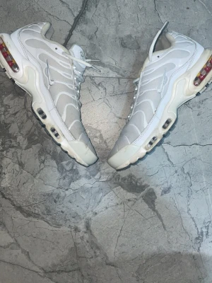 Nike Air Max Plus vita sneakers - Nike Air Max Plus sneakers i vitt med mesh- och syntetmaterial, ikoniska vågiga detaljer och synliga Air-enheter i sulan. Swoosh-logga på sidan och klassisk snörning. Perfekta för dig som gillar streetwear och sportig stil.