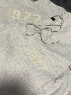Grå Essentials 1977 hoodie - HELT NY MED LAPP !!!!!!Säljer en ljusgrå hoodie från Essentials med trycket '1977' framtill. Hoodien har en klassisk huva med dragsko och är gjord i mjukt bomullsmaterial. Perfekt för en avslappnad och trendig streetwear-look.