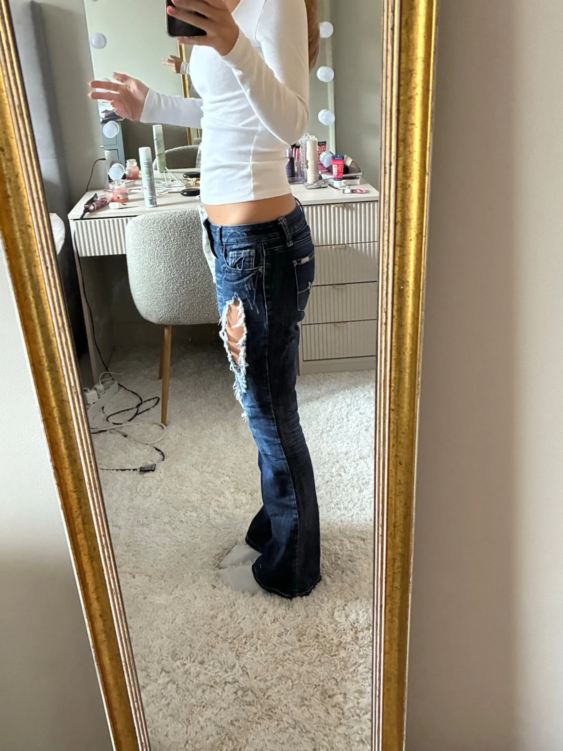 Mörkblå slitna bootcut jeans - 3