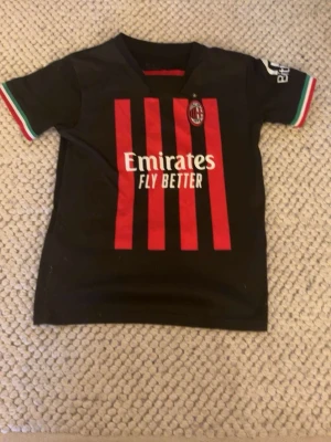 AC Milan matchtröja R. Leão 17 - Snygg svart och röd AC Milan matchtröja med vertikala ränder, från säsongen 2022/23. Tröjan är känd för ränderna som ej går ner hela vägen vilket ger tröjan den speciella snygga looken! klubbmärke på bröstet och Emirates Fly Better-tryck. Ärmarna har italienska flaggans färger och ryggen har R. Leão och nummer 17. Perfekt för fotbollsfans!