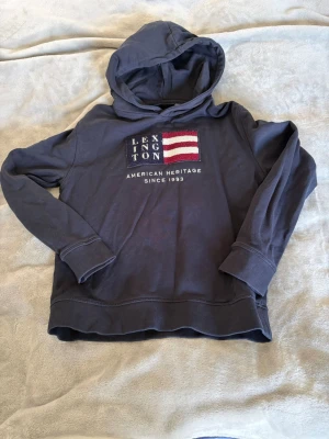 Mörkblå hoodie från Lexington - Snygg mörkblå hoodie från Lexington med broderad amerikansk flagga och texten 'American Heritage Since 1993' på bröstet. Hoodien har huva och långa ärmar, perfekt för en avslappnad och cool stil. Tillverkad i mjukt bomullsmaterial.