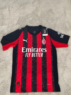 AC Milan matchtröja Puma röd/svart - Snygg AC Milan matchtröja från Puma i rött och svart med klassiska vertikala ränder. Tröjan har klubbmärke och Puma-logga på bröstet samt sponsortryck framtill. Tillverkad i lätt och ventilerande polyester, perfekt för fotboll eller träning.