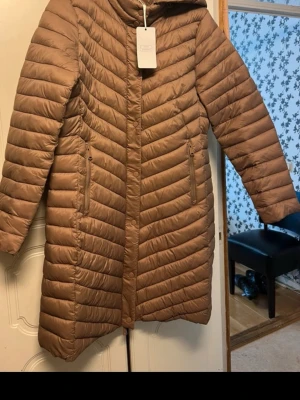 Ljusbrun lång dunjacka med huva - Snygg ljusbrun lång dunjacka från DLS med huva och dragkedjeförsedda fickor. Jackan har quiltad design med horisontella och snedställda sömmar som ger en modern look. Perfekt för kalla vinterdagar och riktigt varm.