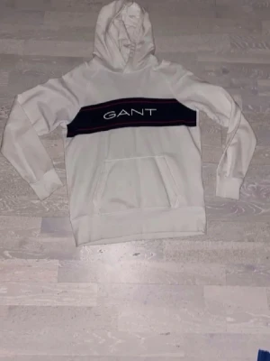 Vit hoodie från GANT med logga - Vit hoodie från GANT med svart och röd rand över bröstet och stor GANT-logga. Klassisk känguruficka framtill och huva. Mjuk bomullskänsla och ribbade muddar vid ärmslut och nederkant. Perfekt för en chill och stilren look.