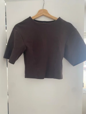 Brun kortärmad topp i bomull - En enkel brun topp med korta ärmar och rak passform. Tillverkad i mjuk bomull med rund halsringning och söm längs ryggen. Perfekt att matcha med jeans eller kjol för en clean look.