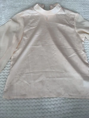 Beige transparent blus med lång ärm - Snygg beige blus i transparent material med långärmade, lätt genomskinliga ärmar. Rak passform och hög halsringning ger en clean och stilren look. Perfekt att styla med jeans eller kjol för en trendig outfit.