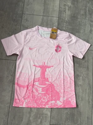 Rosa Nike t-shirt med Rio-motiv - Snygg ljusrosa t-shirt från Nike med korta ärmar och ett stort tryck av Kristusstatyn i Rio de Janeiro framtill. T-shirten har en klassisk passform och ett emblem på bröstet. Perfekt för dig som gillar unika prints och sportig stil.