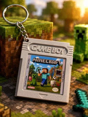 Minecraft Game Boy nyckelring - Retroinspirerad nyckelring formad som ett Game Boy-spelkassett med Minecraft-motiv. Tillverkad i grå plast med färgglad etikett framtill. Perfekt accessoar för dig som gillar gaming och nostalgi.