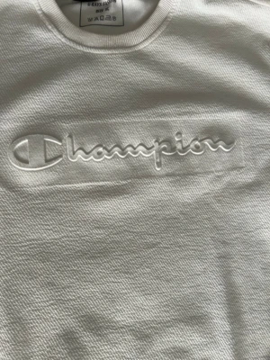 Vit sweatshirt från Champion - Snygg vit sweatshirt från Champion med upphöjt logotyptryck på bröstet. Tröjan har rund halsringning, långa ärmar och ribbade muddar vid ärmslut.
