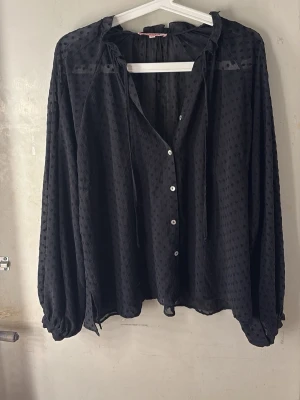 Svart transparent prickig blus - Snygg svart blus i transparent material med små sammetsprickar och knappar framtill. Blusen har långa ärmar med resår vid ärmslut och knytband vid halsen. Perfekt för dig som gillar en trendig och luftig look.