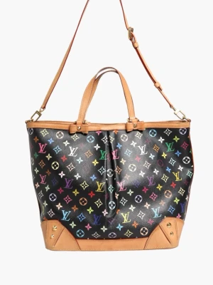 Louis Vuitton multicolor handväska - Designat samarbete med Takashi Murakami PRODUKTBEDÖMNING: B+ EXTERIÖR KVALITET: Bucklor, Mindre repor, Kraftigt använd INTERIÖR KVALITET: Mindre slitage överallt TILLBEHÖR: Axelrem FÄRG: Svart 34 cm