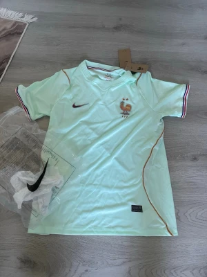 Frankrike fotbollströja Nike mint - Snygg mintgrön Frankrike fotbollströja från Nike med broderad tupp och två stjärnor på bröstet. Tröjan har korta ärmar, V-ringning och röda detaljer längs sidorna samt på ärmsluten. Perfekt för fotbollsträning eller match.Lite fläckar som går inte att ta bort 